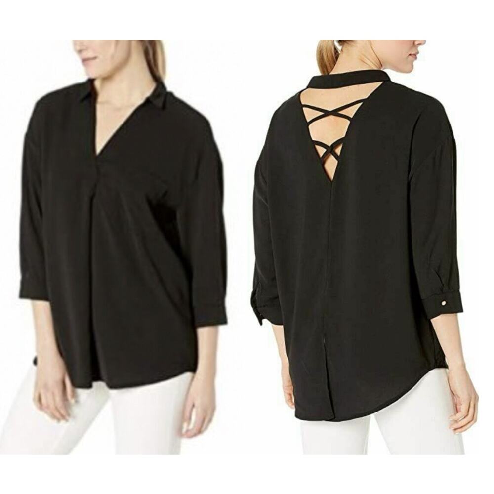 American Rose Women's Bailey Strappy Back V-Neck Top Relax Fit Size M/L - Black